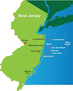 Map of New Jersey where dive sites are labelled