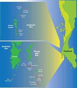 Map of Thailand with markers for great dive locales