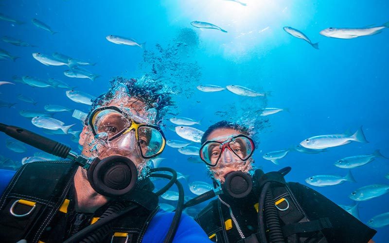 A male and female diver pose for the camera. Silver fish are in the background.