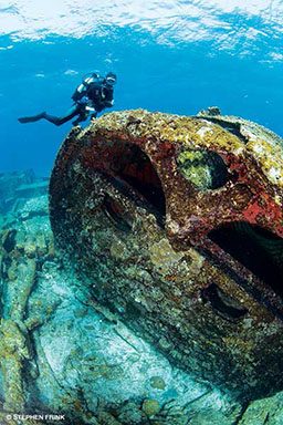 Diver approaches a domed shipwreck