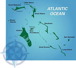 Map of the Atlantic Ocean showing the Bahamas and where to dive 