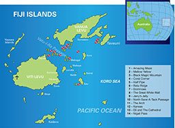 An illustrated map of Fiji Islands labels the best dive destinations
