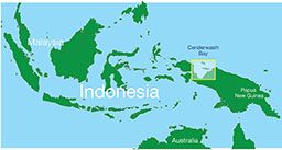 An illustrated map of Indonesia shows Cenderwasih Bay in the east side