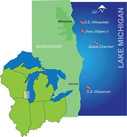 An illustrated map of Lake Michigan