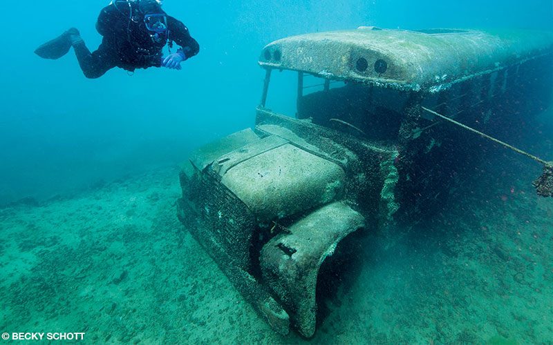 A diver floats next to a submerged school bus