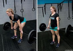 A woman in teal shorts performs the proper technique for the barbell deadlift