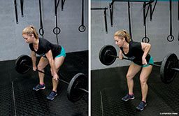 A woman in teal shorts performs the proper technique for the bent-over barbell row