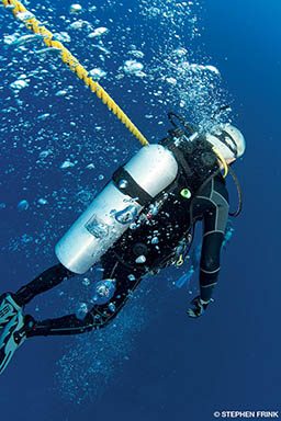 A diver works his way down a mooring line onto a deep reef.
