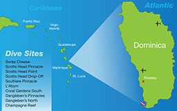 An illustrated map of the island of Dominica 