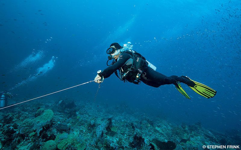 A diver fights strong currents by holding a line