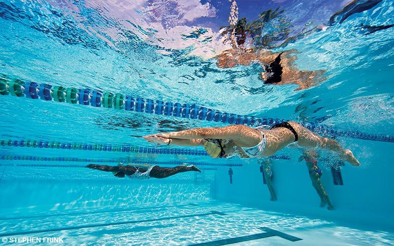 A group of female swimmers swim laps at a pool.