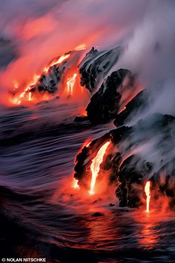 A bright red lava flow