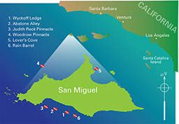An illustrated map of San Miguel which has some great dive sites labeled
