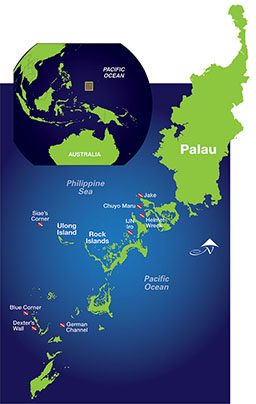 An illustrated map of Palau and where to dive