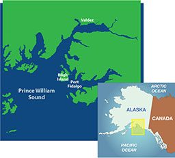 An illustrated map of Prince William Sound