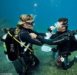 Two divers share a regulator underwater