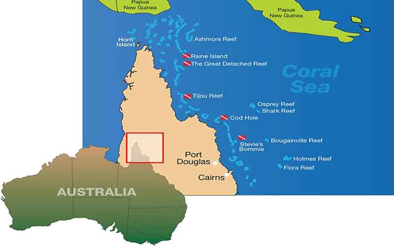 A map of Australia and its Coral Sea shows some of the best reefs for diving and seeing corals.
