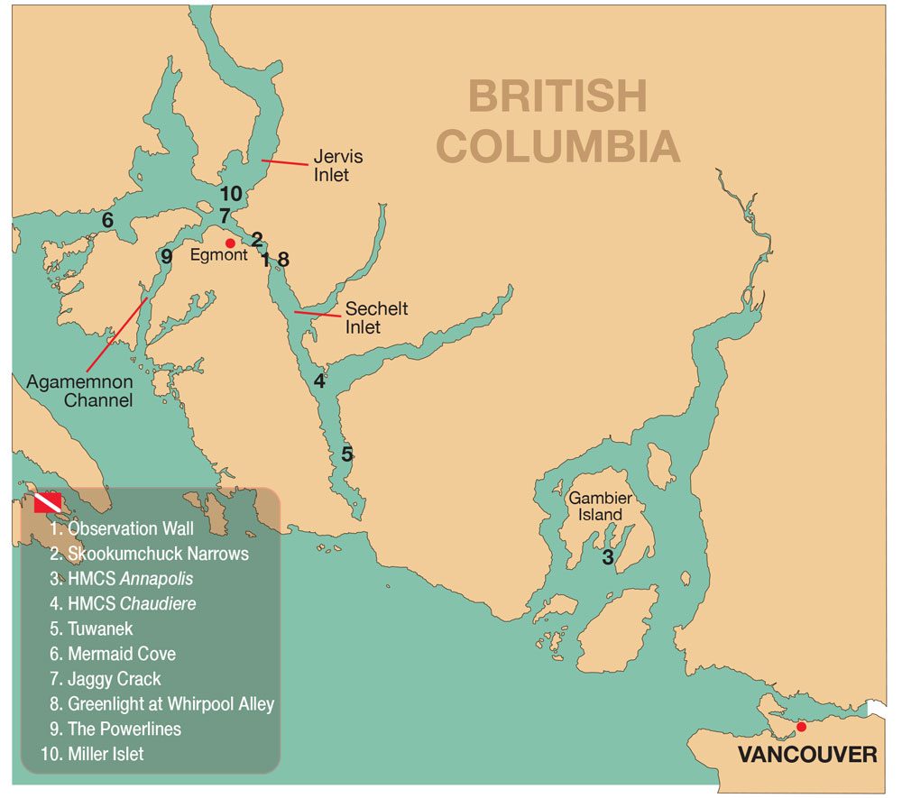 A map of British Columbia's Sunshine Coast shows great dive locations.