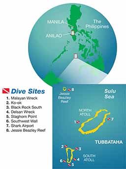A map of Tubbataha shows the best dive sites.