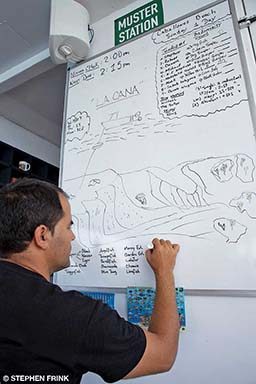 A man uses a white board to make dive plans