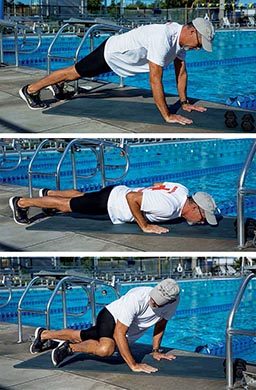 A personal trainer is performing a push up and then doing a knee cross