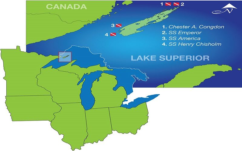 A map of Lake Superior shows where four shipwrecks are at Isle Royale National Park.