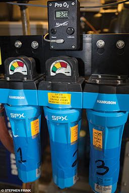 Three blue apparatuses measure breathing gas