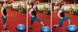 Female personal trainer performs a front lunge on a BOSU ball with left leg