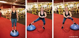 Female personal trainer performs side lunges on BOSU ball