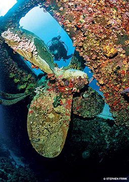 A coral-crusted propeller is part of the Hilma Hooker dive site. A diver is in the background