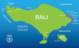 Illustrated map of Bali that pinpoints dive spots