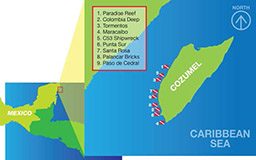 Illustrated map of Cozumel with dive sites labeled 