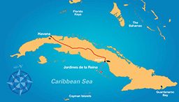 Illustrated map of Cuba showing the best dive sites
