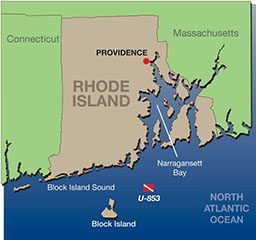 Illustrated map of Rhode Island that shows dive sites