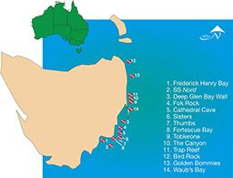 Illustrated Map of Tasmania with dive sites marked