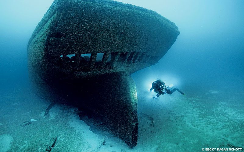 A diver explores an old wooden schooner shipwreck