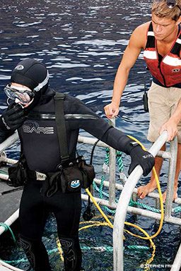 A diver gets ready to disembark for a dive