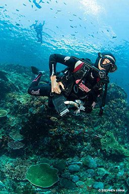 A diver handles his weight belt during a reef dive