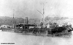 Black-and-white photo of an old ship