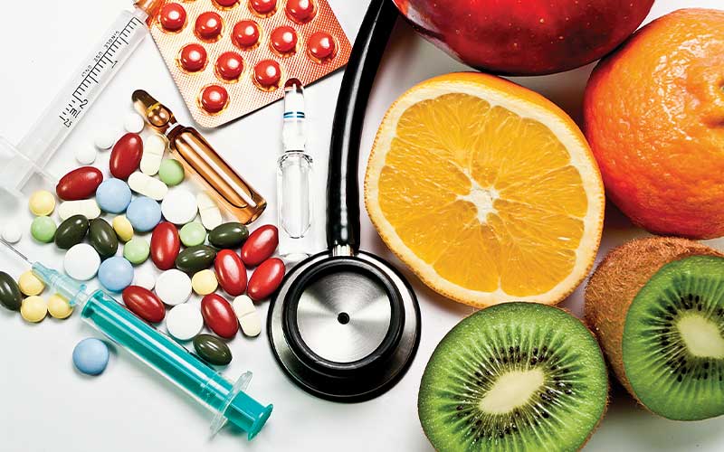 Cut fruit, pills, medical equipment