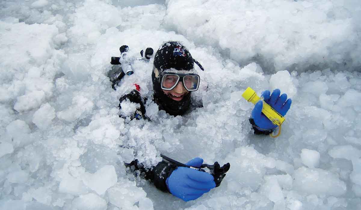 Drysuit diver in blue gloves pokes head and arms out of icepack