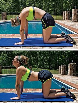Female personal trainer in sports bra is on hands and knee and slowly rounding back