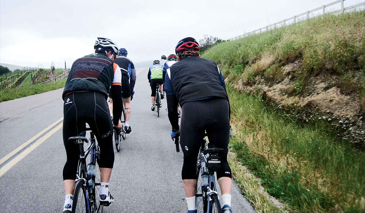 Group of cyclists ride up hill