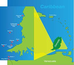 Illustrated map of Caribbean with Grenada and dive locales