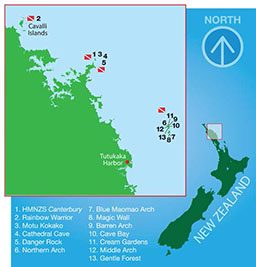 Illustrated map of New Zealand shows the best dive sites