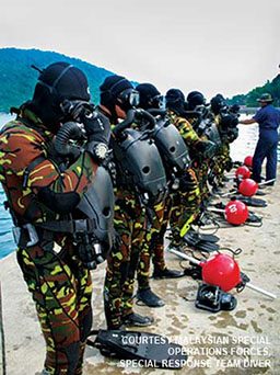 Line of divers wearing camo divesuits