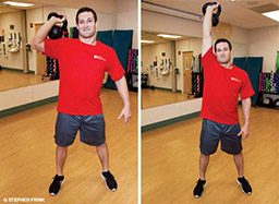 Man in red shirt holds kettlebell in right arm and presses it over head