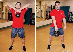Man in red shirt performs a high pull with a kettlebell