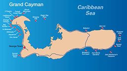 Map of Grand Cayman labeled with great dive sites