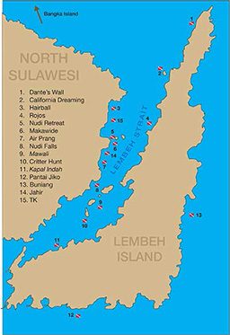 A map of Lembeh Strait that labels great diving